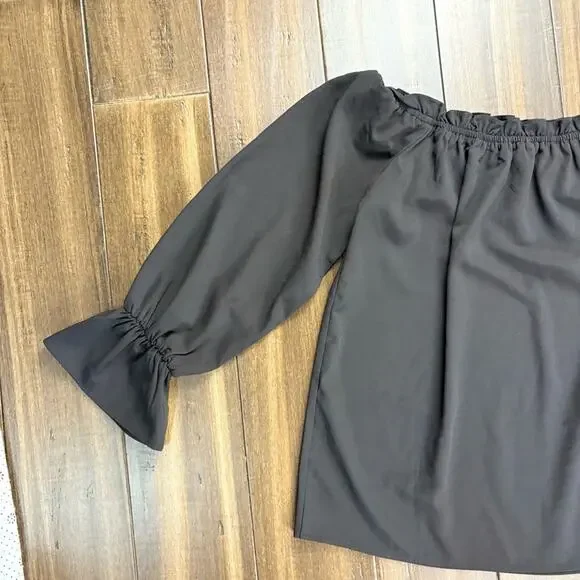 Lulu's size S Black Ruched Blouse Flowy Elastic Cuffs wide Round Neck Long Sleev - Picture 9 of 11